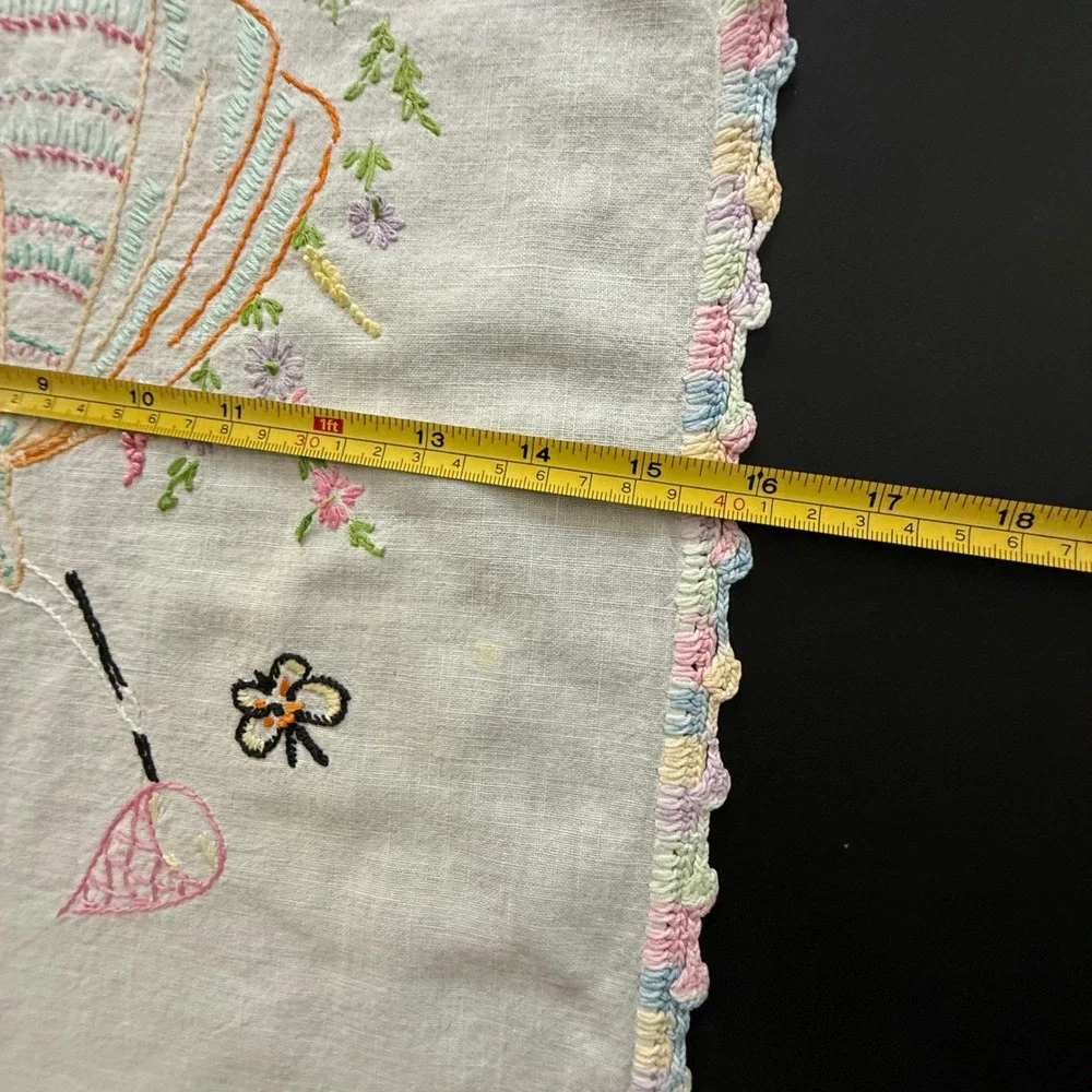 Vintage Hand Embroidered Linen Table Runner Girl Butterfly Pastel Crochet Edge
